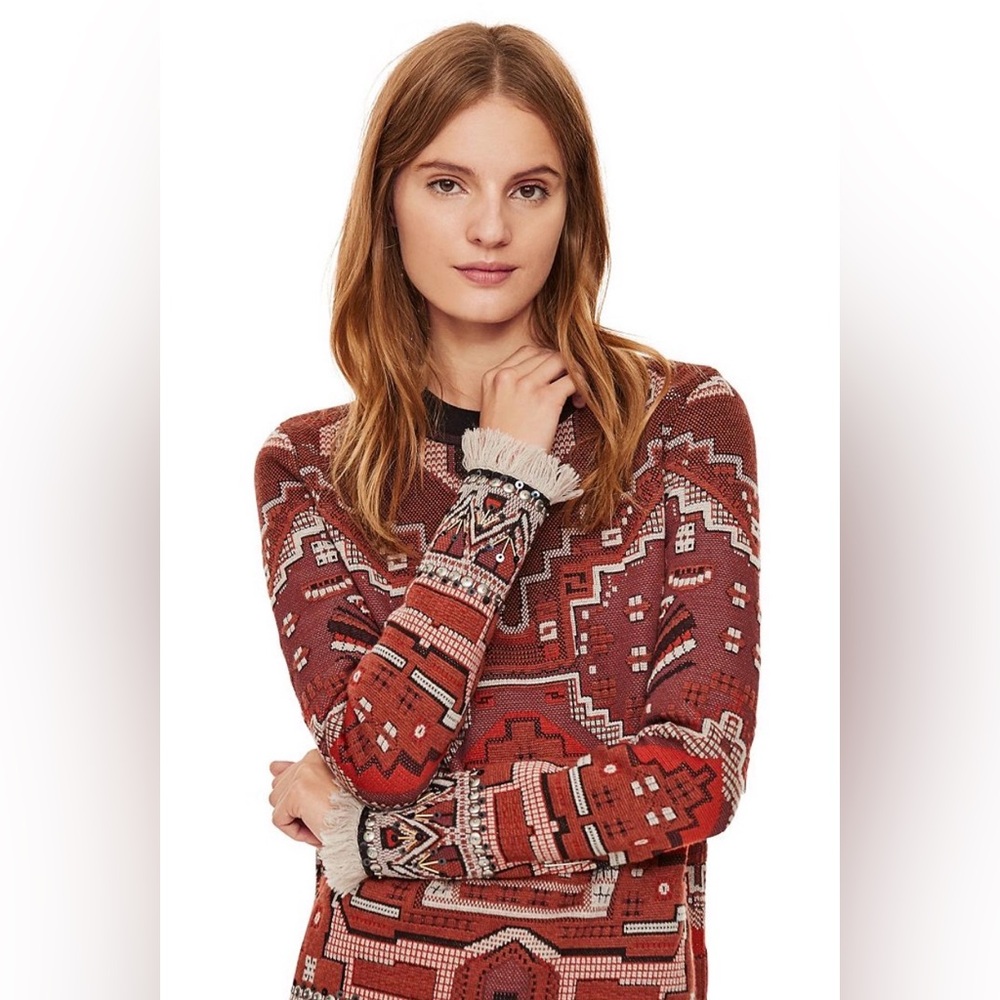 TORY BURCH Runway Tapestry Aztec embellished wool sweater 🩷❤️🖤 - Picture 6 of 6